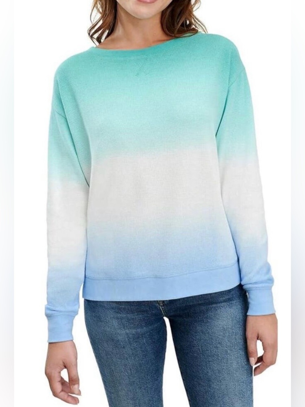 J. Crew Teal to Sky Blue Ombre Crewneck Sweatshirt Large EUC - Picture 2 of 4